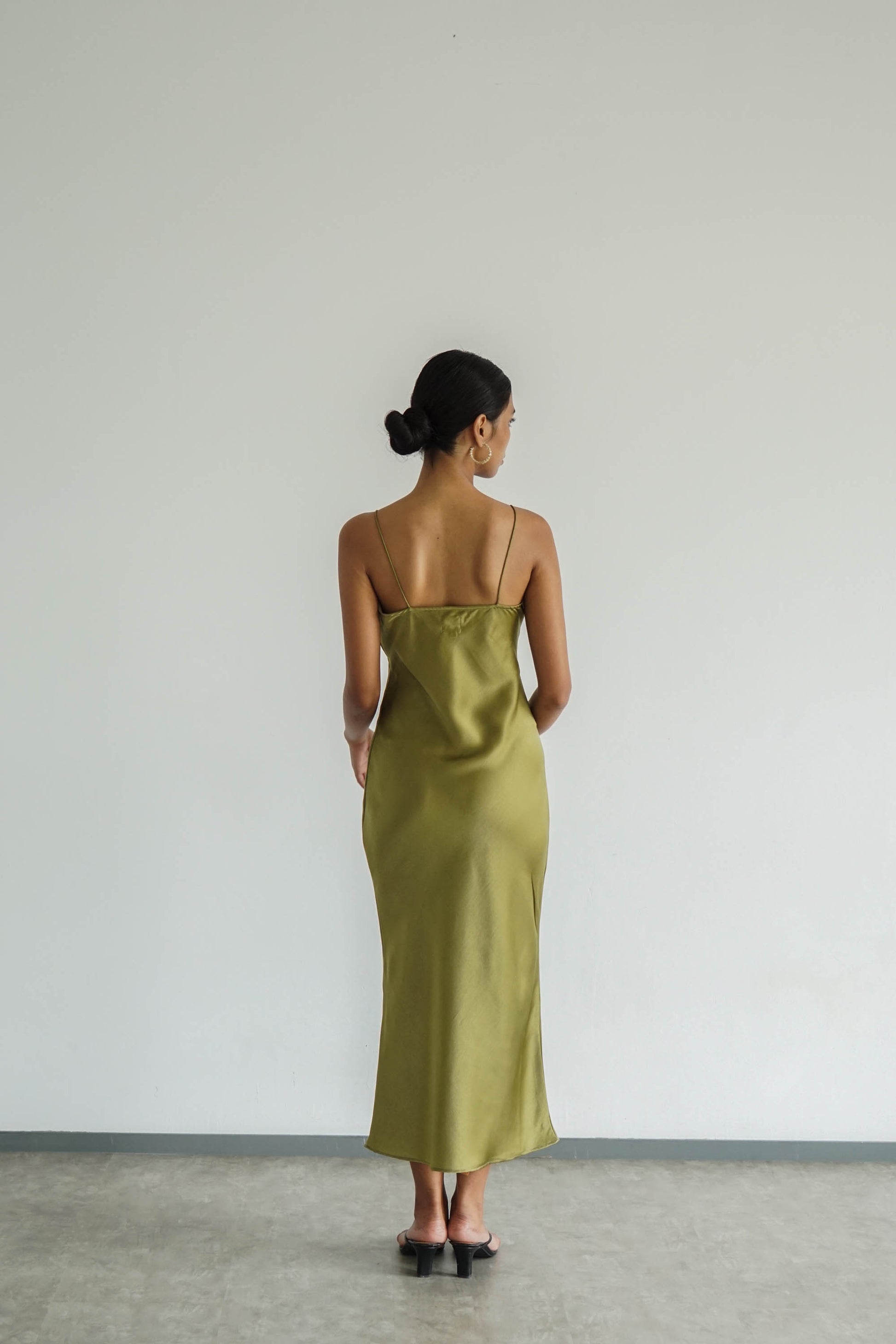 moss green slip dress Grecian Olive Silk Slip Dress